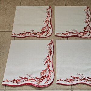 NWOT RARE SET 4 KIM SEYBERT ORANGE CORAL EMBROIDERED COTTON LINEN DINNER NAPKIN
